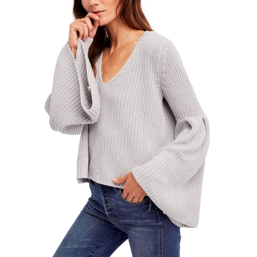 Free People Light Gray V-Neck Bell Sleeve Sweater